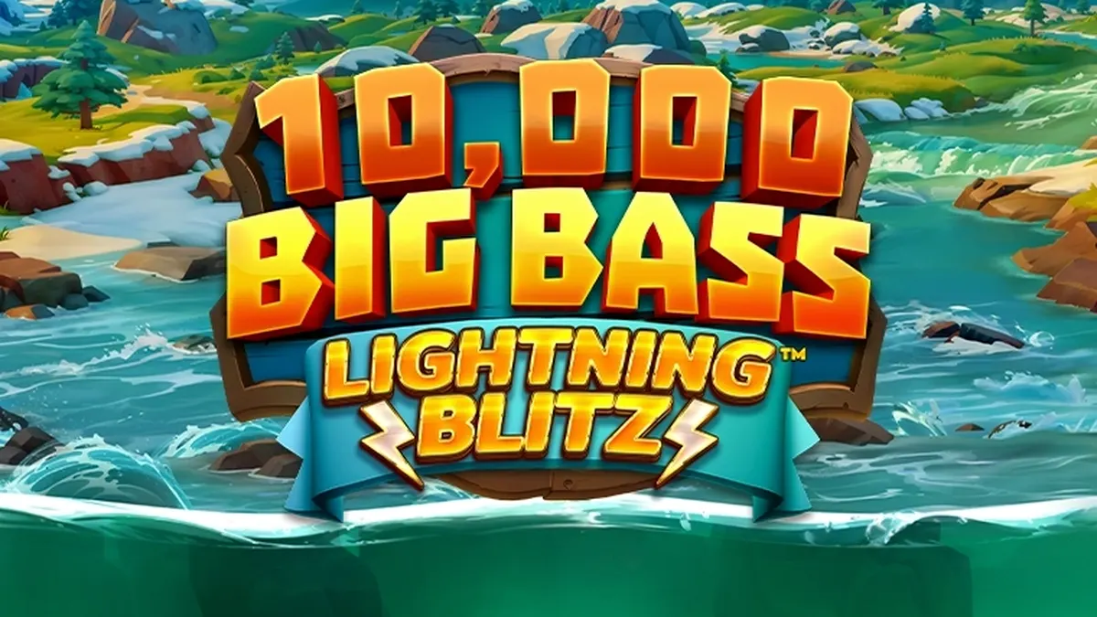 Tampilan layar permainan slot 10,000 Big Bass Lightning Blitz dengan tema memancing yang cerah